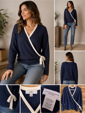 LOFT Navy Ribbed Wrap Sweater with‎ Cream Trim